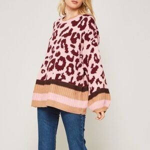 Promesa LEOPARD PATTERNED Thick KNIT Tunic Oversized SWEATER Bubble Sleeve M/L